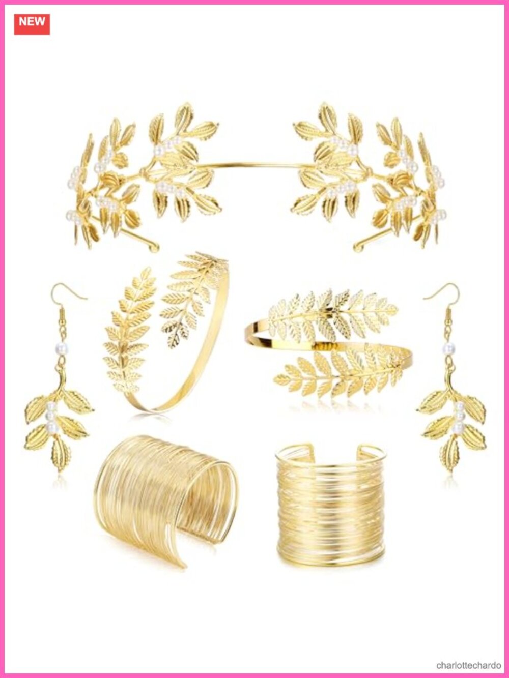 Gold Plated Laurel Leaf Crown Arm Cuff Coil Bracelet Earrings Set
